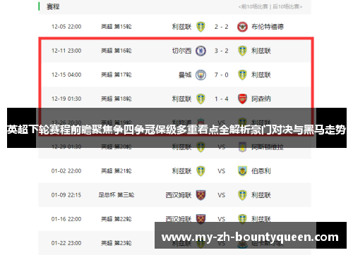 英超下轮赛程前瞻聚焦争四争冠保级多重看点全解析豪门对决与黑马走势