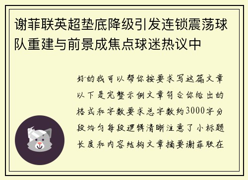 谢菲联英超垫底降级引发连锁震荡球队重建与前景成焦点球迷热议中